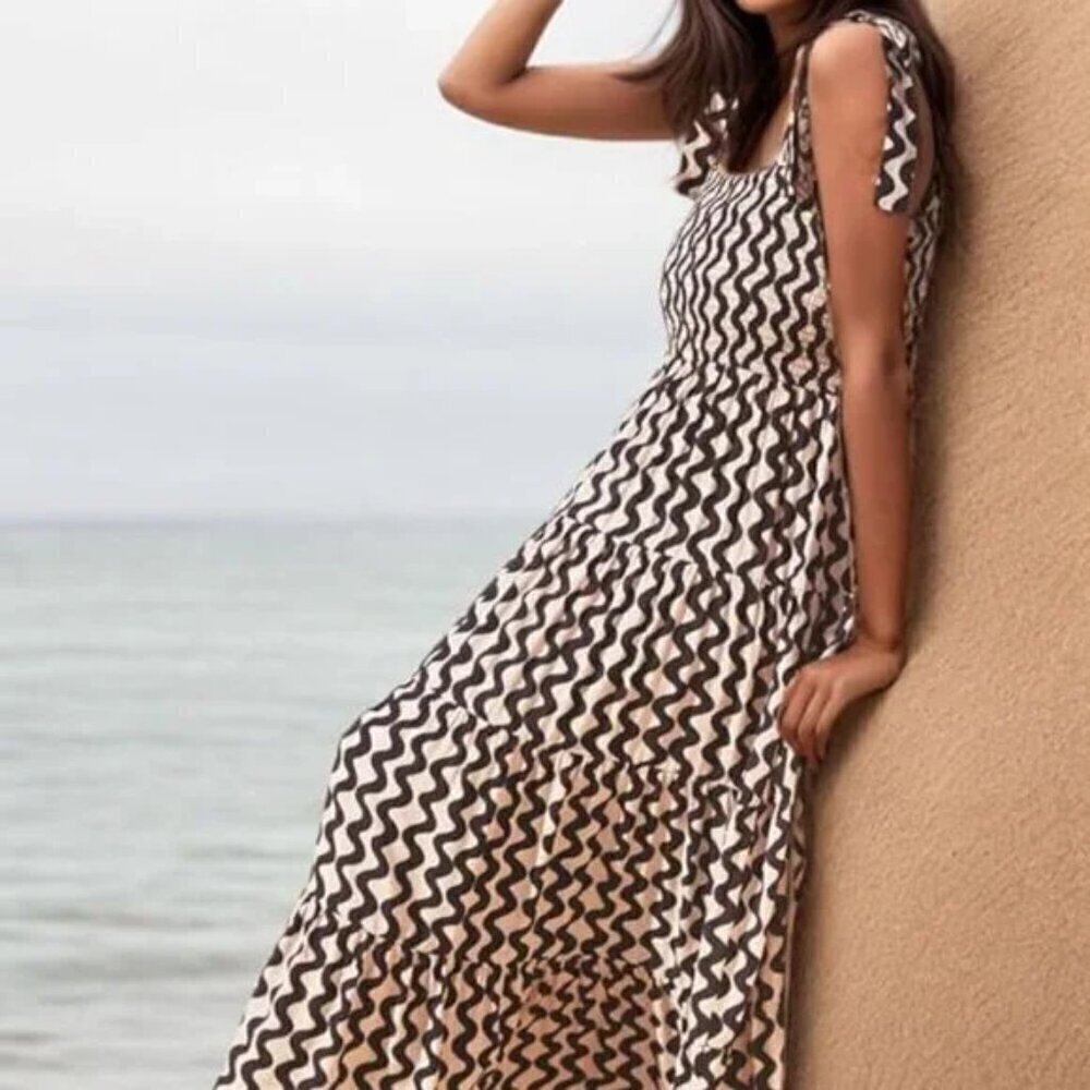 Square Neck Coffee Summer Tie Strap Patterned Dress - Picture 2 of 4